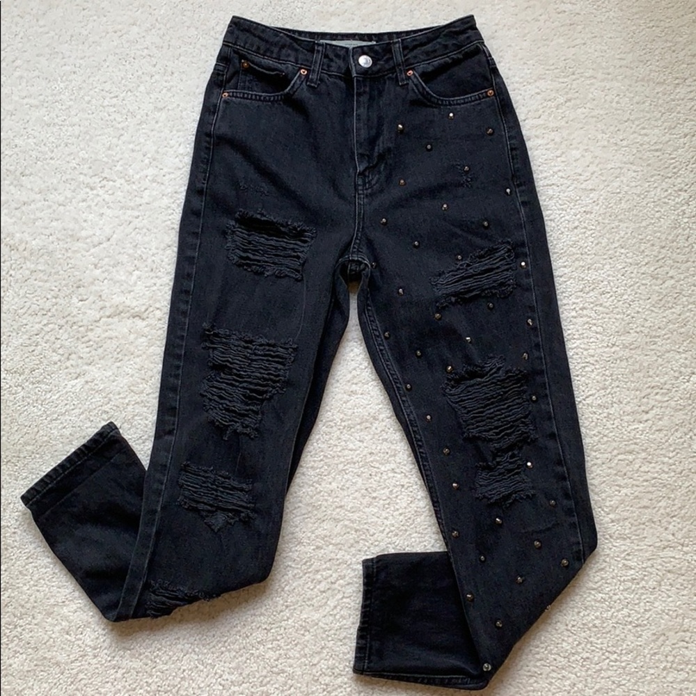 Topshop Mom High Waist Super Ripped Studded Jeans